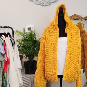 NWT - XL Chicwish Yellow Chunky Knit Hooded Sweater Cardigan - Perfect Fall Cozy